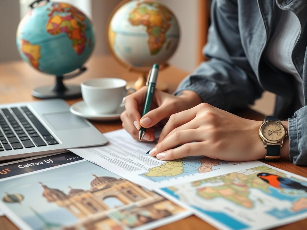 A close-up shot of a travel planner's hands working on a personalized itinerary, with a laptop and travel brochures laid out on a wooden table. The background features a globe and a coffee cup, creating a warm and inviting atmosphere. The image should focus on the planner's hands writing notes, showcasing attention to detail, and the intent to create a unique travel experience.