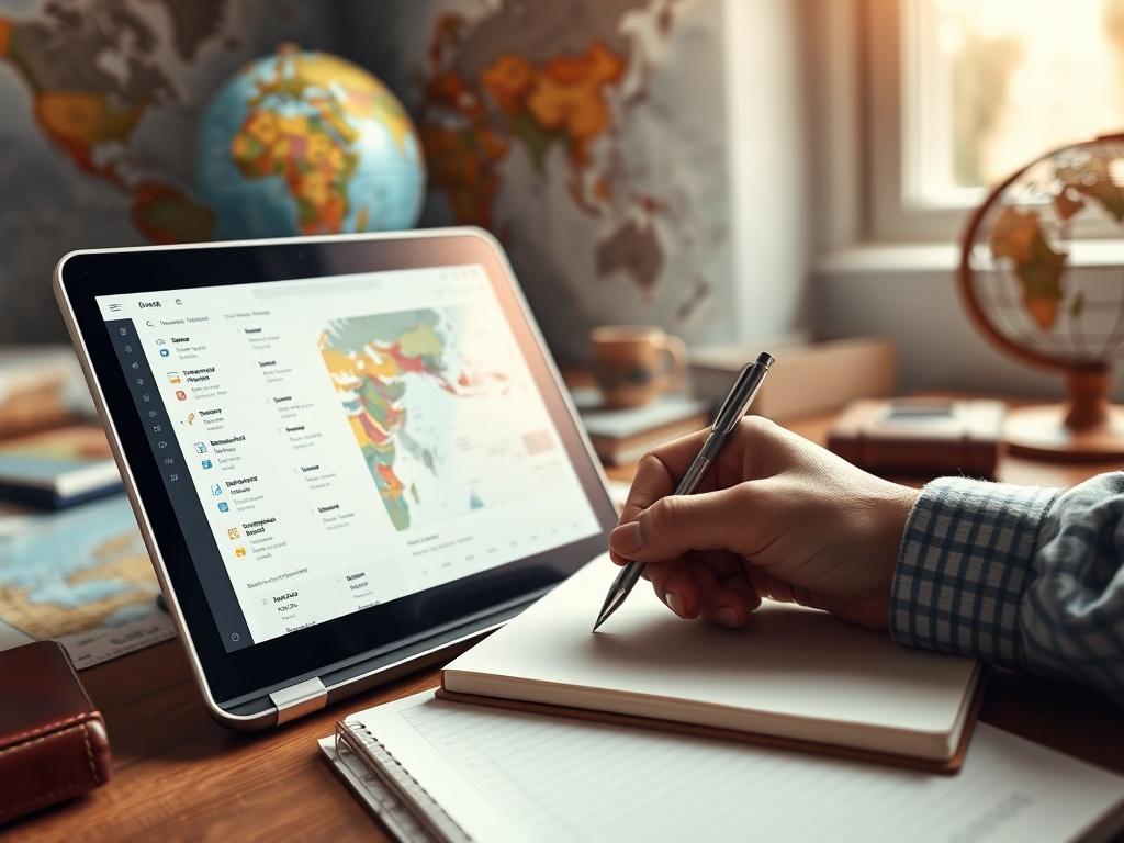 Close-up shot of a travel planner's hands writing in a notebook, with a laptop open showing a travel itinerary. Background includes travel maps and a globe, creating a warm, inviting atmosphere. Shot with a 45mm f/1.2 lens.