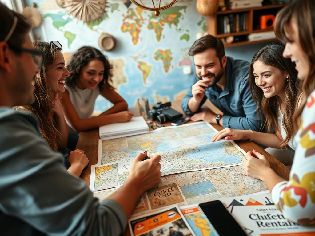 Close-up shot of a group of friends discussing travel plans over a table filled with maps and travel brochures. The atmosphere is lively and engaging, with a backdrop of travel-themed decorations. Shot with a 45mm f/1.2 lens.