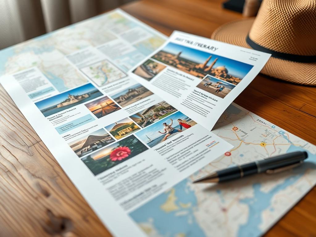 A close-up shot of a beautifully designed travel itinerary laid out on a wooden table, with a pen and a map beside it. The itinerary features vibrant images and descriptive text, showcasing destinations and activities. The background is softly blurred to emphasize the itinerary, with warm natural lighting enhancing the inviting feel.