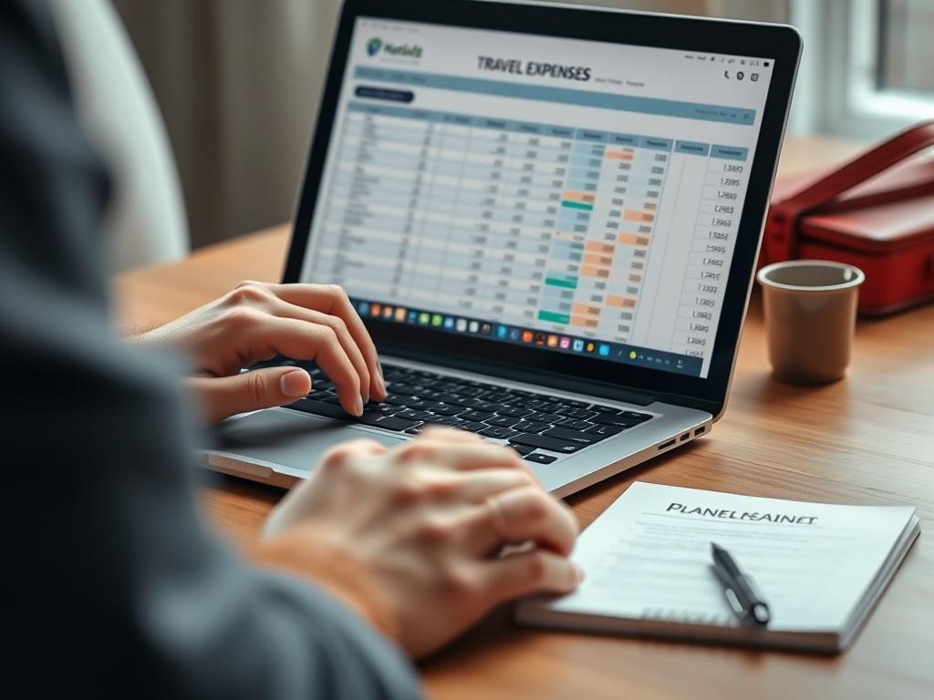 A close-up shot of a person reviewing travel expenses on a laptop, surrounded by a notepad and calculator. The screen shows a well-organized budget spreadsheet, with colorful icons representing different travel categories. The background is softly blurred, creating a focused atmosphere for planning.