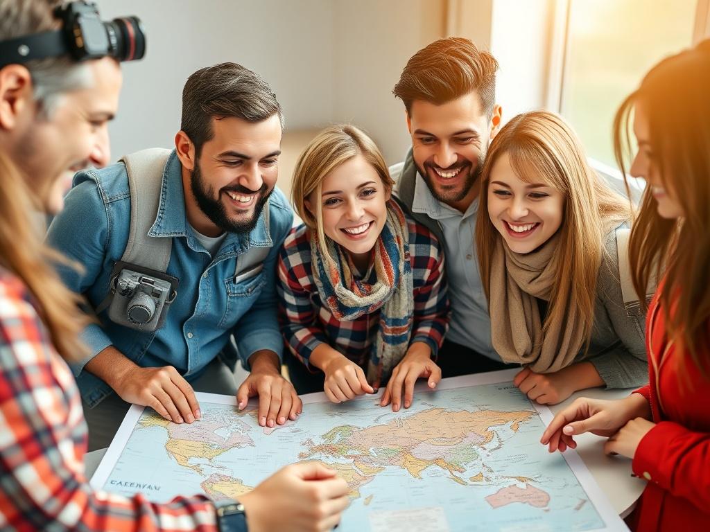 A close-up shot of a cheerful group of travelers gathered around a map, discussing their travel plans. The image captures their excitement and collaboration, with travel gear and a laptop displaying vacation options. The background is softly blurred, highlighting the group while exuding a warm, inviting atmosphere.