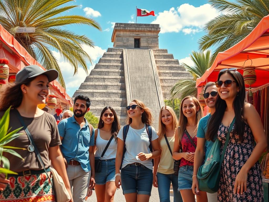 Create a realistic high-resolution photo of a lively group tour in Mexico. The composition should feature a vibrant scene centered around a small group of diverse tourists, all engaged in exploring an iconic Mexican landmark, such as a historical pyramid or a colorful market. The subjects should be smiling and interacting, illustrating the joy of travel and cultural discovery. 

In the background, depict the detailed architecture of the landmark, showcasing the intricate designs and textures, with bright bl