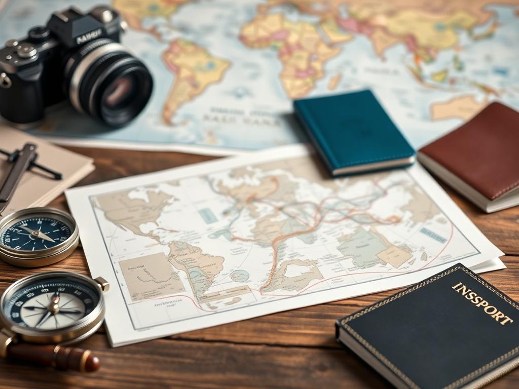 A close-up shot of a beautifully designed travel itinerary on a wooden table, surrounded by travel accessories like a compass, camera, and a passport. The background features a blurred map, creating an adventurous and inviting atmosphere.
