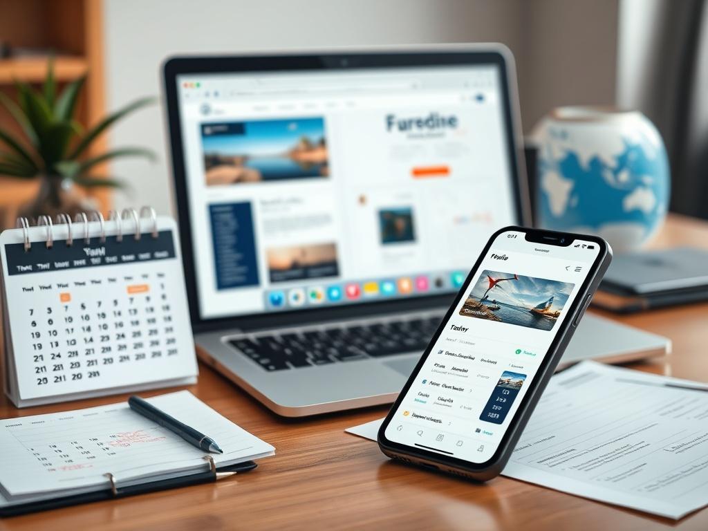 A close-up shot of a travel agent's desk, featuring a laptop with travel booking websites open, a calendar filled with notes, and a phone displaying a travel coordination app. The background is softly blurred, creating a professional atmosphere.