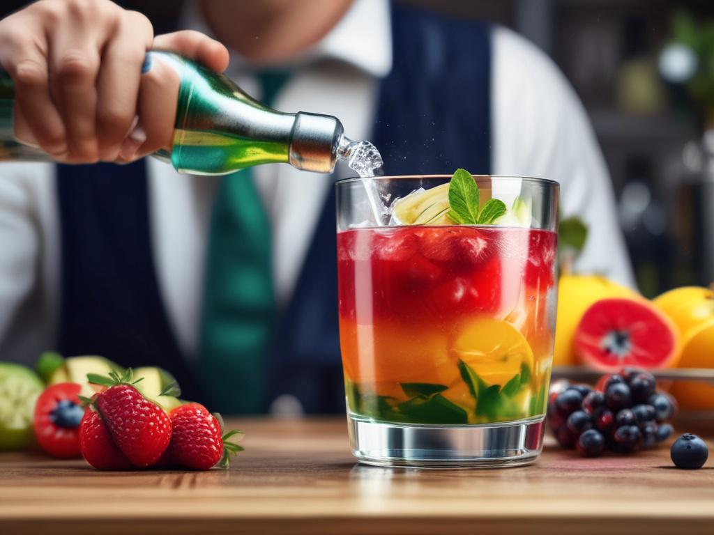 A high resolution image of a bartender skillfully mixing a