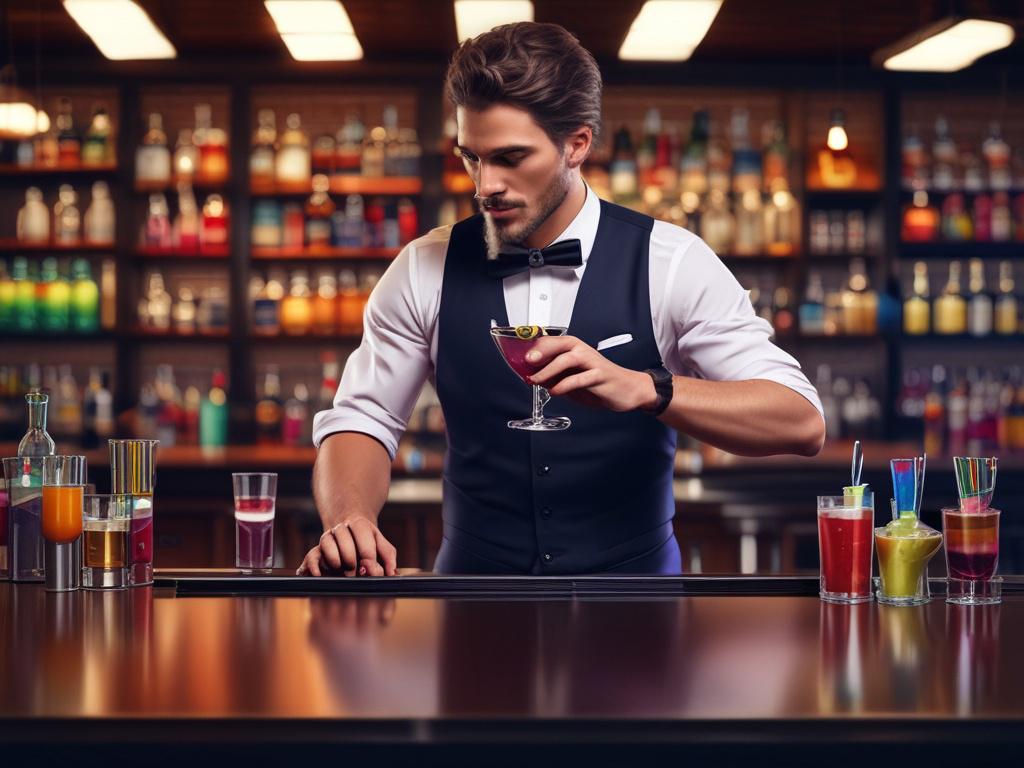 A high resolution image showcasing a bartender demonstrating the shaking
