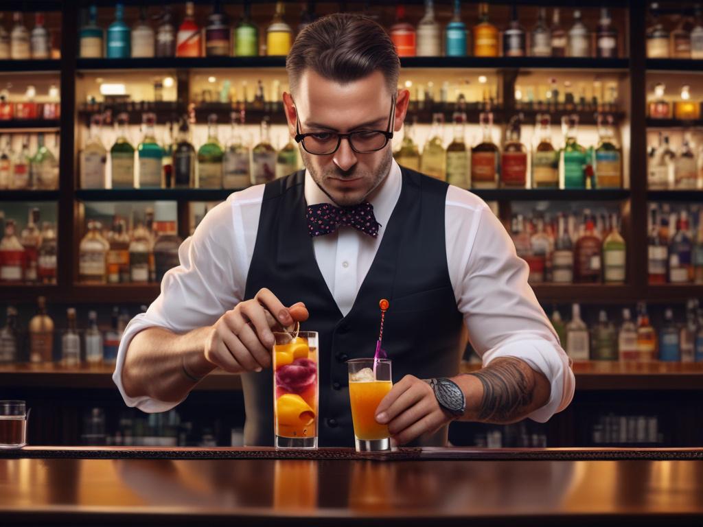 A high resolution image of a bartender thoughtfully creating a