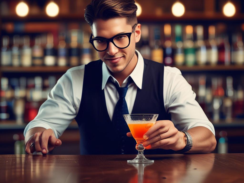 A high resolution, photorealistic image of a bartender in action,