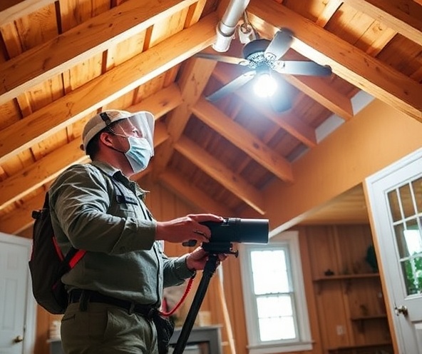 Professional pest control technician inspecting home