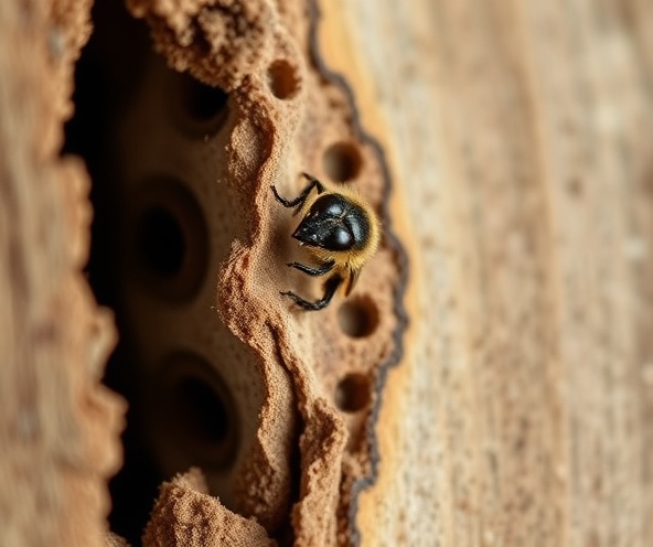 Carpenter bee damage in wood showing tunnel galleries