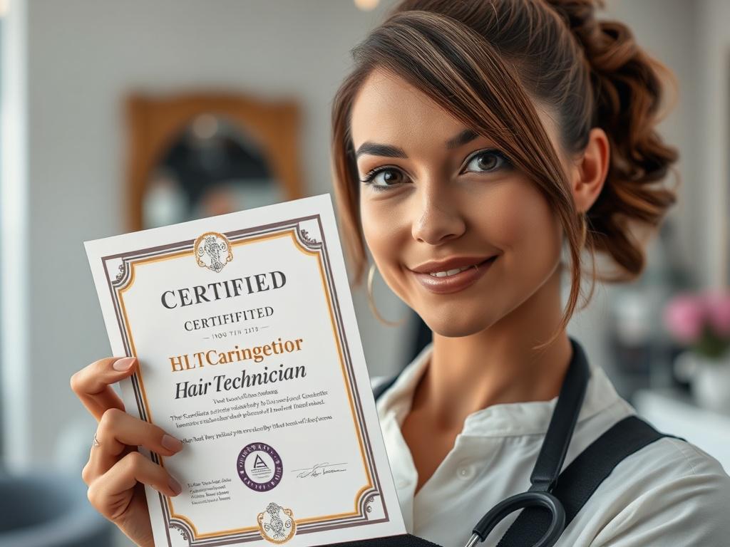 A close up of a certified hair technician proudly displaying
