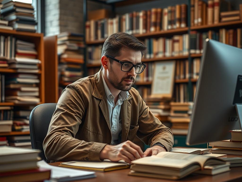 A close-up shot of a professional cataloging expert sitting at a desk, surrounded by books, archival materials, and a computer. The expert is intently focused on organizing and cataloging items, with a warm, inviting workspace in the background. The image should capture the essence of meticulous organization and attention to detail, with the primary color scheme reflecting rgb(50, 170, 39). The lighting should be soft and natural, creating an atmosphere of professionalism and dedication.
