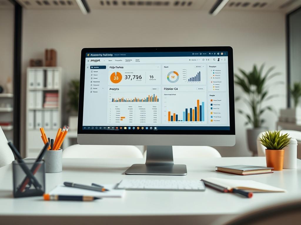 A professional workspace featuring a computer screen displaying an Amazon