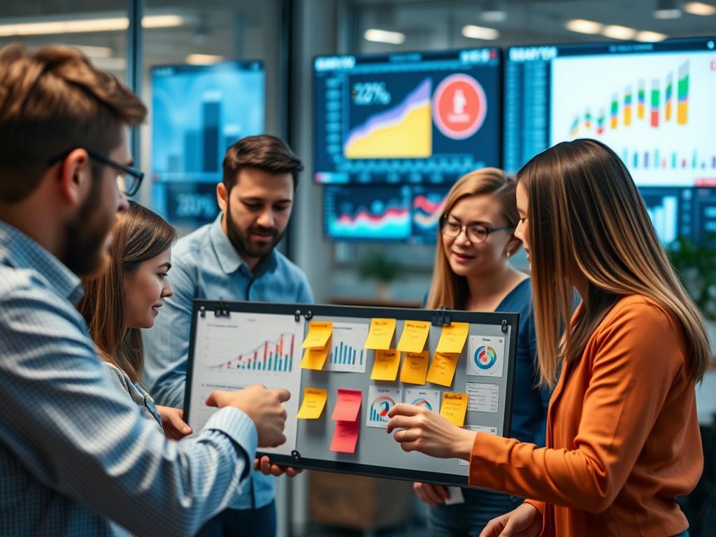 An engaging digital marketing workspace featuring a team collaborating on