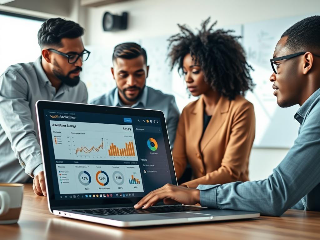 A close-up shot of a team of diverse professionals collaborating on a marketing strategy, with a laptop displaying Amazon's advertising dashboard in the foreground. The background should be a modern office space with bright lighting, showcasing charts and graphs on a whiteboard. The composition should focus on the team's engagement and the laptop screen, capturing the essence of digital advertising and teamwork.