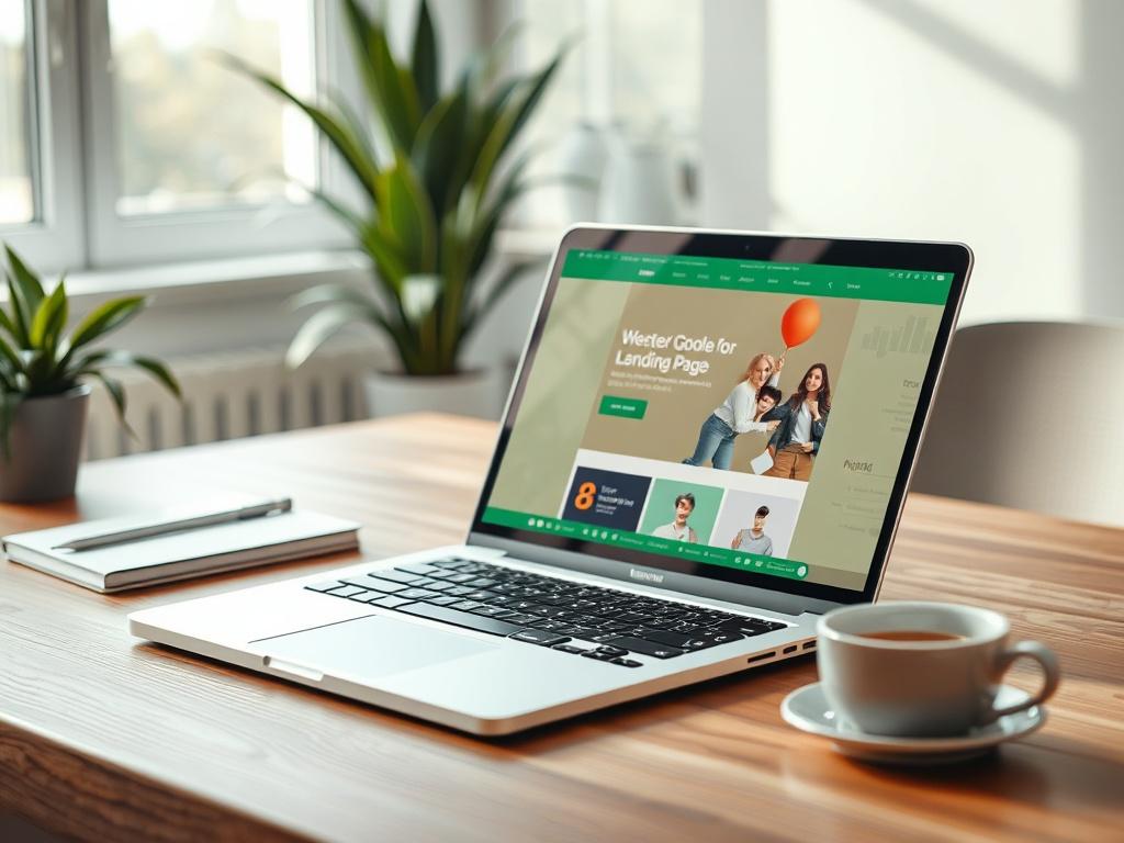 Create a realistic high-resolution photo that embodies the title "איך לבנות דף נחיתה מושך." The composition should be simple and clear, featuring a single subject: a sleek and modern laptop open to a beautifully designed landing page. The screen should display an eye-catching landing page layout, showcasing vibrant colors and engaging visuals that invite action from potential customers. 

The background should be a clean, minimalistic workspace, possibly a wooden desk with a soft-focus image of plants or na