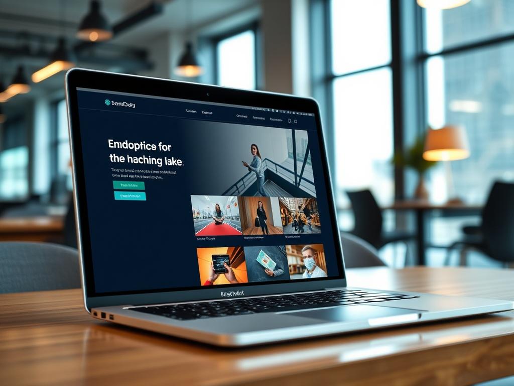 A hyper-realistic close-up shot of a modern technology company website on a laptop screen, with a clean and organized layout featuring real images and vibrant colors. The background should be a stylish office environment.