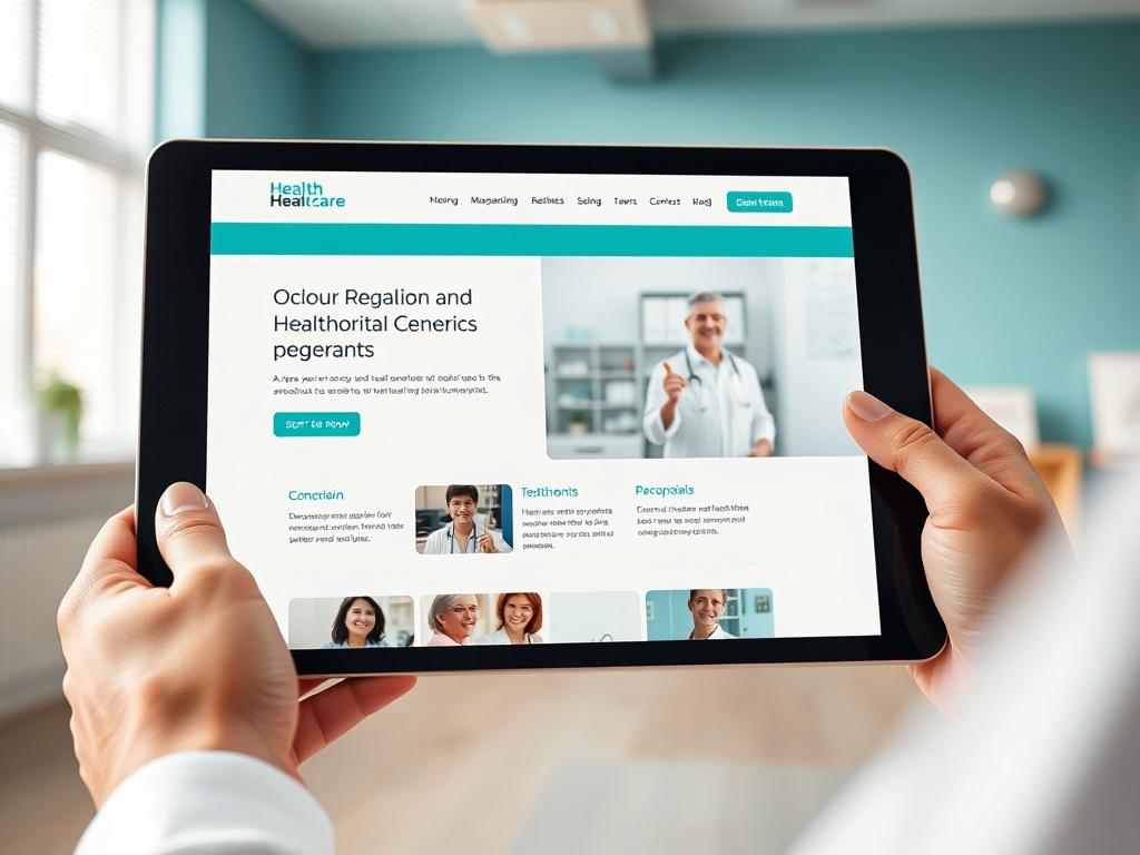 A hyper-realistic close-up shot of a health-related landing page on a tablet, featuring images of healthcare services and testimonials. The background should be a serene clinic environment.
