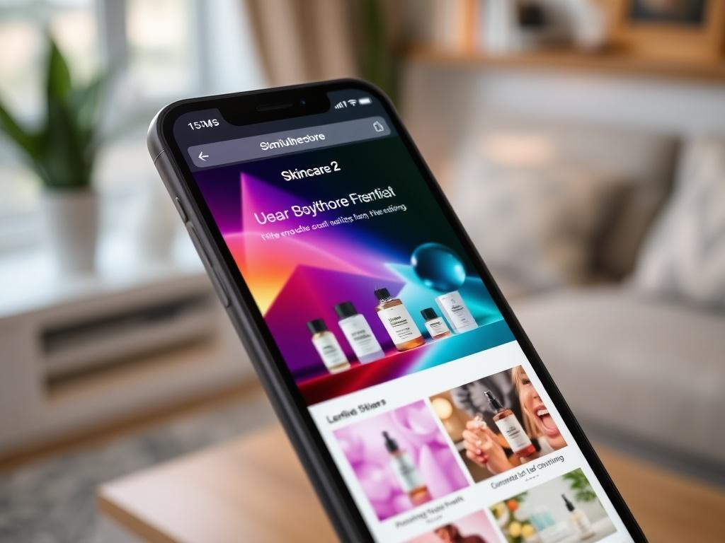 A hyper-realistic close-up shot of an online store landing page on a smartphone, showcasing skincare products with vibrant colors and high-quality images. The background should be a cozy home setting.