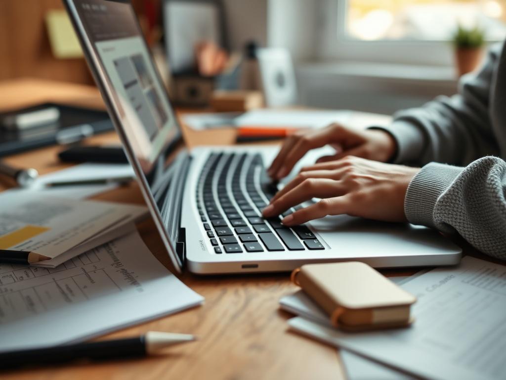A focused view of a content writer typing on a