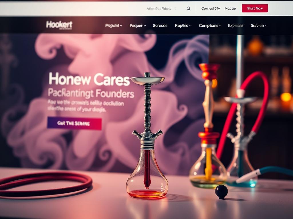 A hyper-realistic close-up shot of a beautifully designed hookah website homepage, showcasing clear and attractive services with vibrant colors, focusing on the hookah products. The background should be simple and elegant, emphasizing the website layout and design without any text.