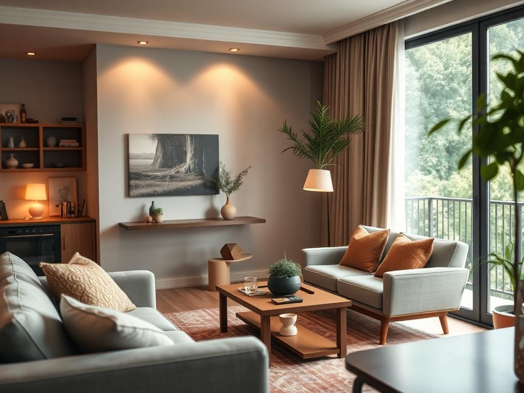 A beautifully furnished apartment interior shot with natural light, showcasing living area and furniture layout. The image should have a focus on the cozy atmosphere with a hint of greenery outside the window. Shot with a 45mm f/1.2 lens style to create a shallow depth of field, emphasizing warm colors and inviting details.