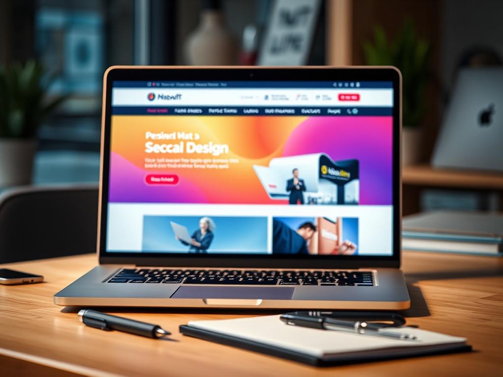 A close-up shot of a modern workspace, showcasing a laptop with a beautiful website design displayed on the screen. The background should be softly blurred, emphasizing the laptop and the vibrant colors of the website. Include a notepad and a pen beside the laptop for a professional touch. The overall atmosphere should feel inspiring and creative.