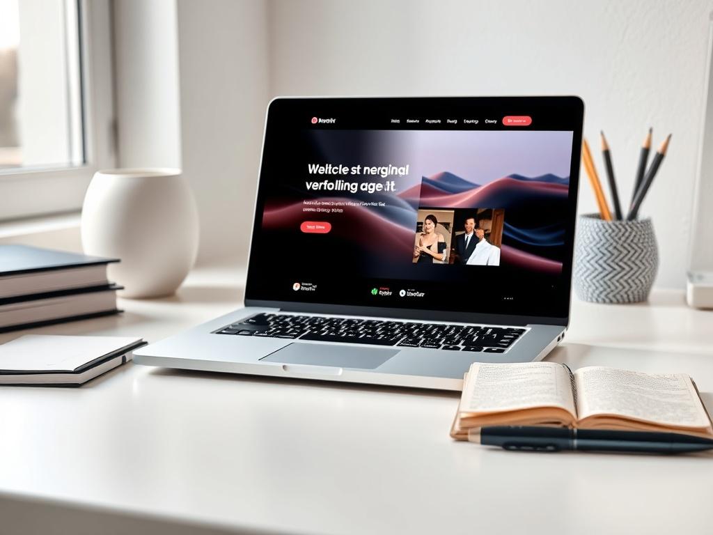 Create a realistic high-resolution photo that visually encapsulates the theme of a professional landing page. The composition should be simple and clear, focusing solely on one subject: a sleek, modern laptop showcasing a beautifully designed landing page on its screen. The landing page should display elegant visuals and intuitive design elements, illustrating the concept of a professional online presence. 

The background should be minimalistic to enhance the focus on the laptop, featuring a clean, well-li