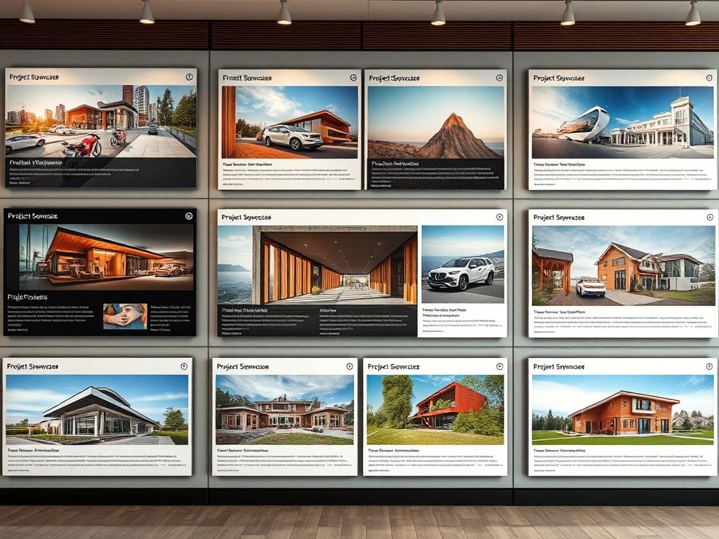 A collection of project showcases displayed in an elegant gallery format, featuring high-quality images and descriptions. The background should be neutral to highlight the projects, creating a professional atmosphere. Each project should be visually distinct, demonstrating creativity and quality.