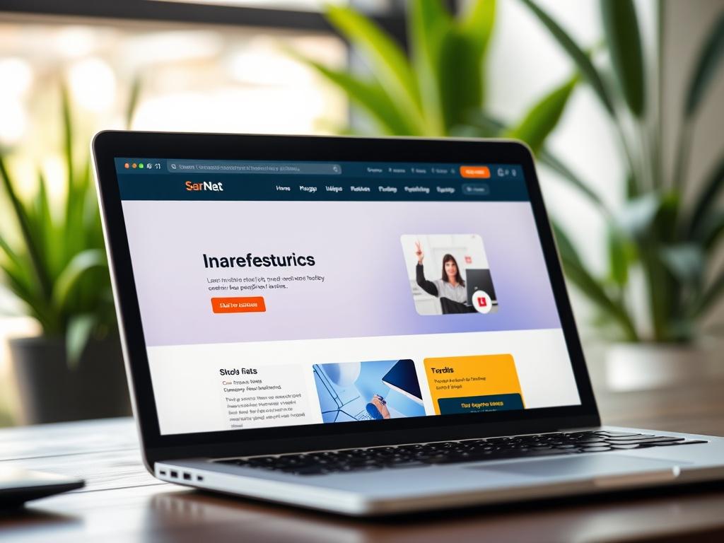 A close-up shot of a beautifully designed website on a laptop screen, showcasing a clean and modern layout with vibrant colors. The background should be softly blurred to emphasize the website, with a hint of greenery in the environment to reflect a fresh and innovative feel. The lighting should be natural, highlighting the details of the laptop and the screen's content.