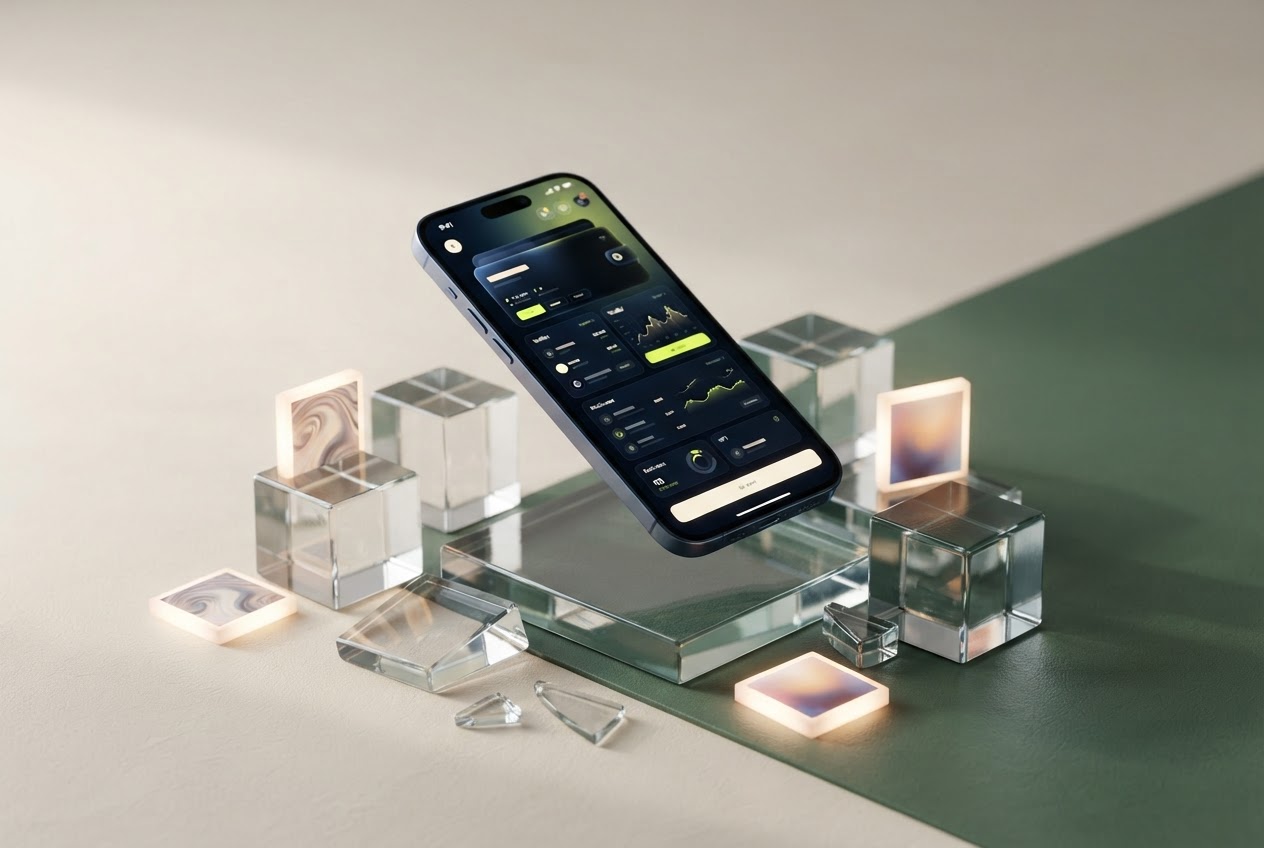 A smartphone wallet surrounded by abstract blockchain forms and digital art