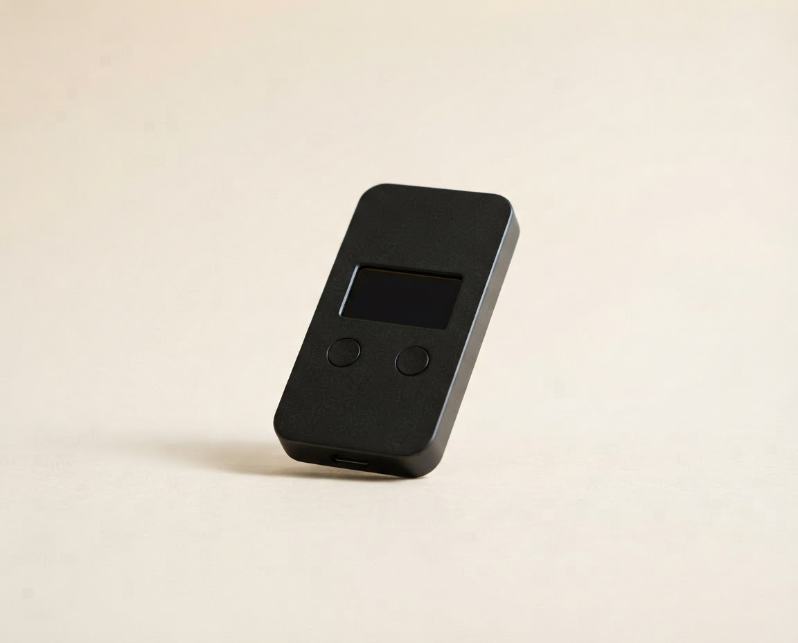 Matte black hardware wallet with a small screen and two physical buttons