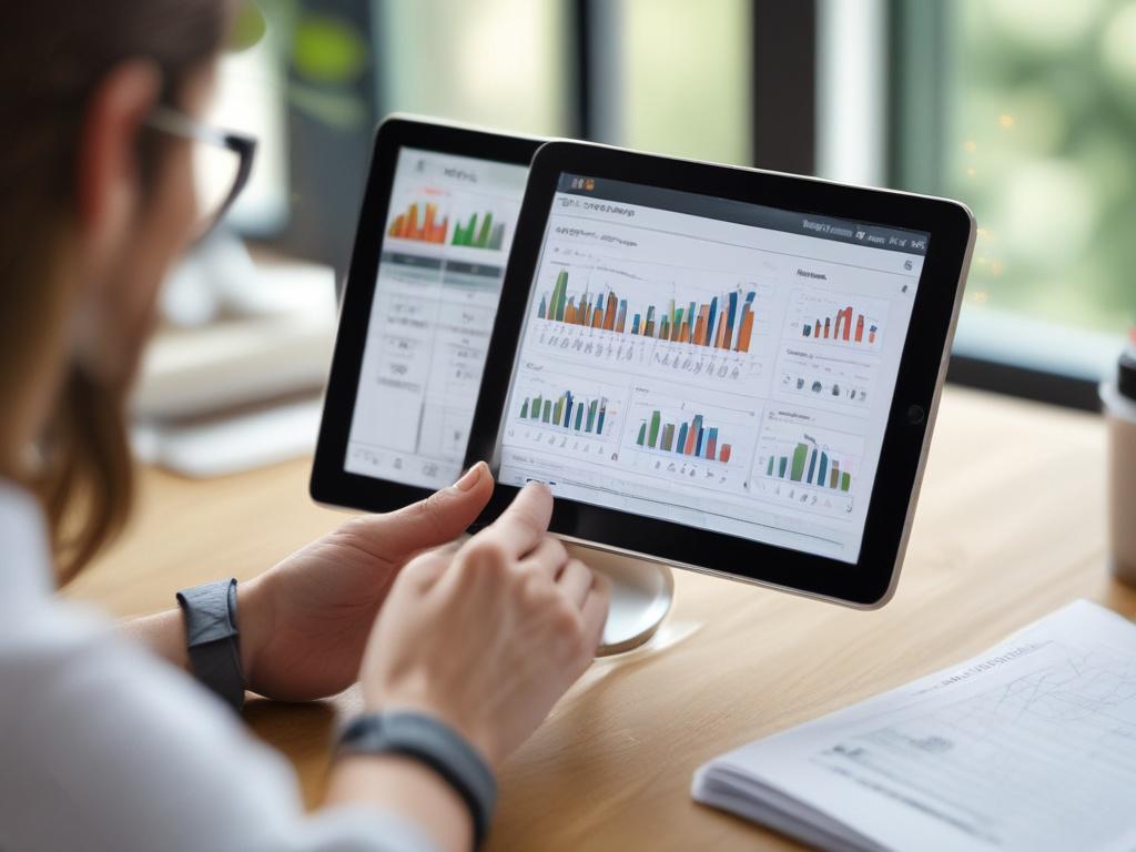 A close-up shot of a confident financial consultant discussing investment strategies with a client. The consultant is gesturing towards a digital tablet displaying financial graphs. The setting is a modern office with elegant decor, soft natural light filtering through large windows, and a minimalist desk in the background. The composition should focus on the consultant's engaging expression and the tablet's screen, creating a professional and inviting atmosphere.