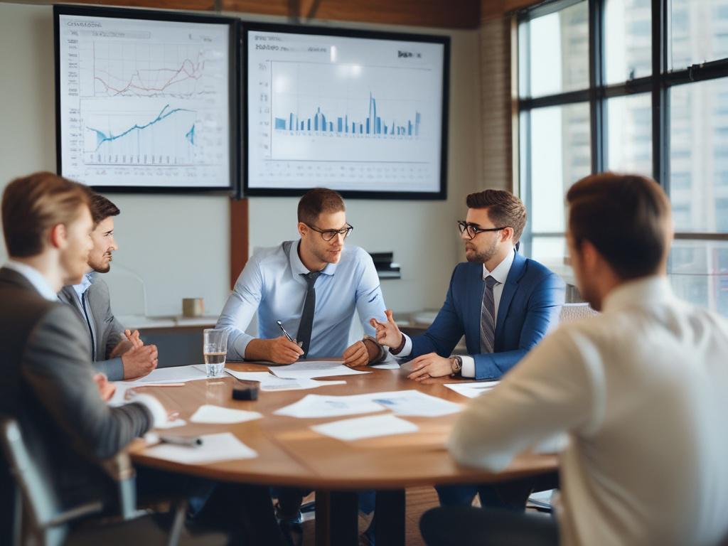 a financial consultant engaged in a discussion with a group of developers, surrounded by charts and economic reports, in a bright and modern conference room, collaborative atmosphere, dynamic visuals
