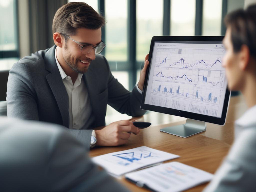 a close-up of a financial consultant discussing portfolio options with a developer, showcasing investment charts on a tablet, set in a contemporary meeting room, elegant decor, warm lighting, attentive expressions