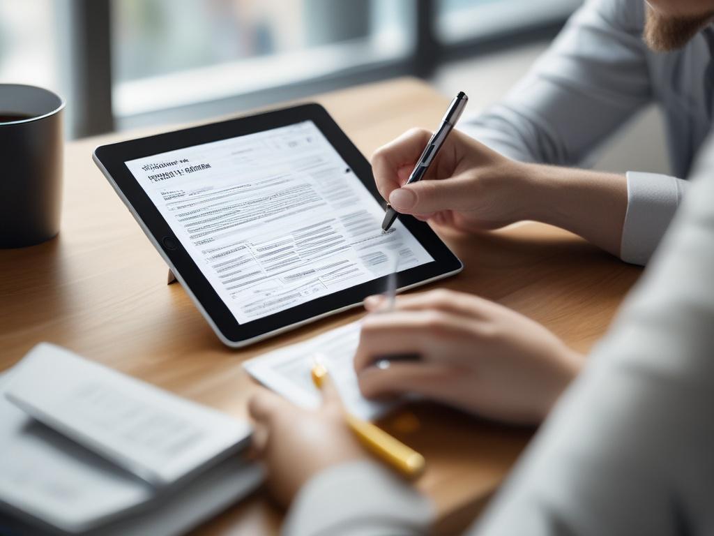 A focused close-up of a financial planner and client reviewing a strategic financial plan on a tablet at a modern office table. Soft natural light streams in, highlighting the details on the tablet screen while the background remains neutral, emphasizing the importance of collaboration.