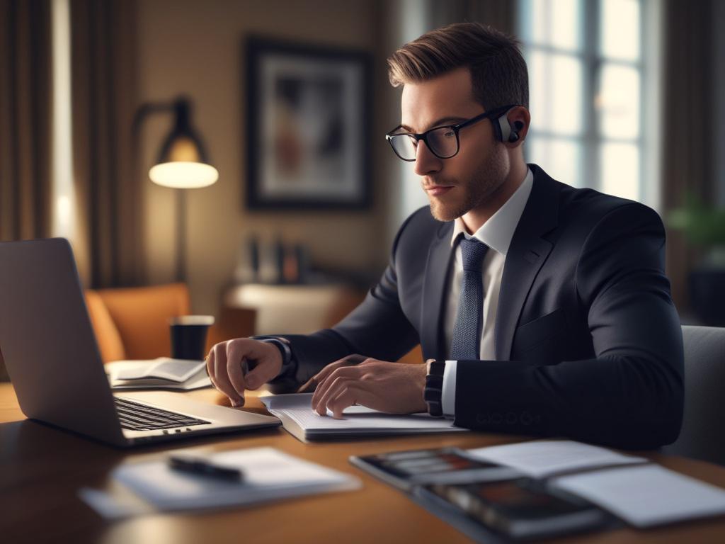 high-resolution close-up of a confident financial advisor analyzing investment data on a laptop, soft focus background, warm lighting, professional setting
