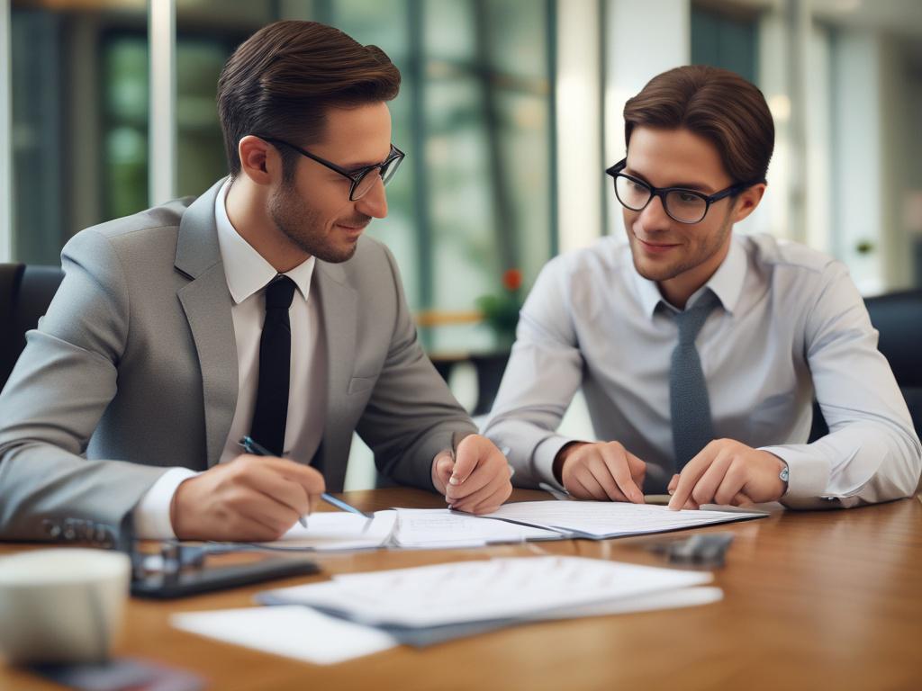 high-resolution close-up of a financial planner discussing a strategic plan with a client, professional office environment, soft lighting, focused expressions