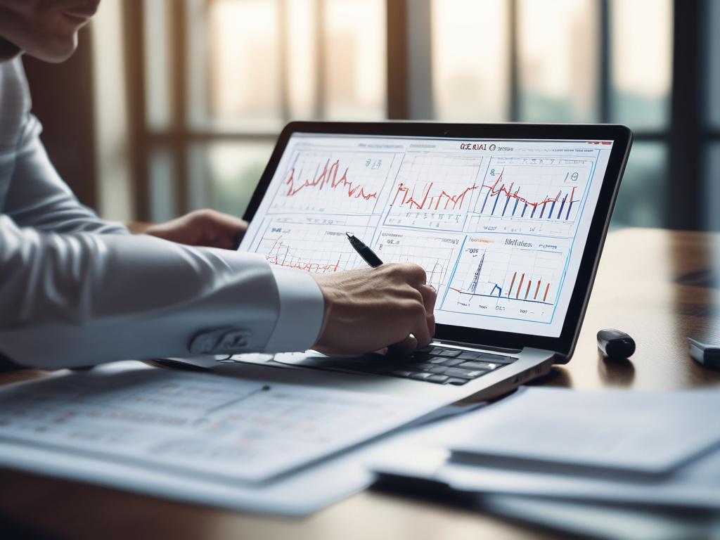 realistic high-resolution close-up of a financial advisor analyzing stock charts, bright office setting, focus on charts and graphs, soft natural lighting, no text