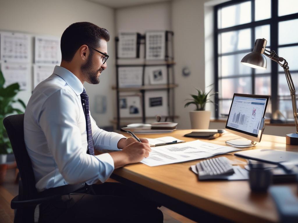 An experienced consultant reviewing financial documents with a small business owner in a vibrant office setting. The desk is organized with charts and reports, and the atmosphere is collaborative and supportive. The consultant is actively engaged, showcasing professionalism and expertise.