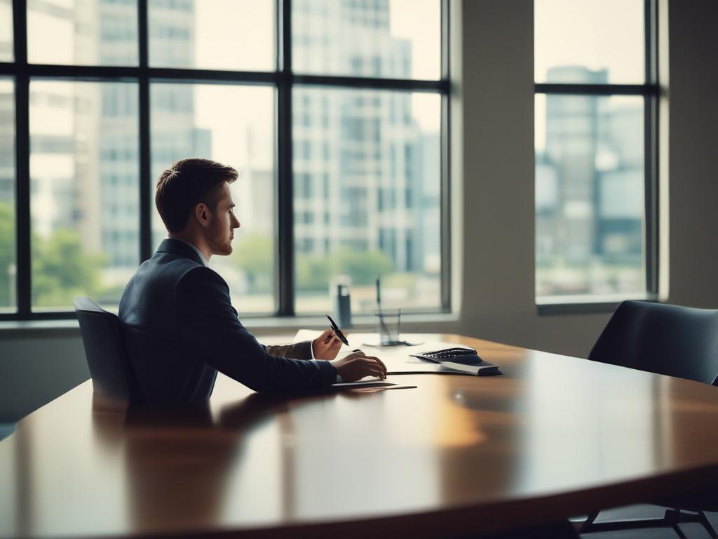 A focused financial planner discussing a financial strategy with a client at a modern conference table. The environment is bright with large windows, showcasing a professional yet inviting atmosphere. The planner is using a laptop with financial graphs displayed, emphasizing collaboration.