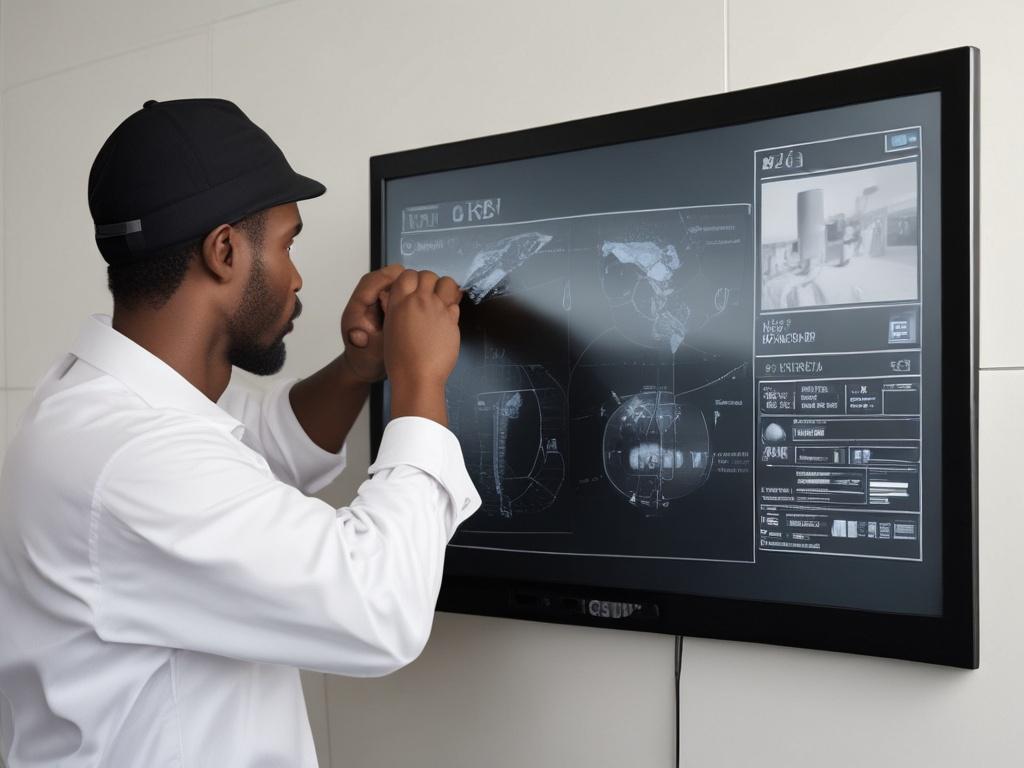 A close-up shot of a Black labor worker skillfully mounting a flat-screen TV on a wall. The worker is focused and determined, showcasing a professional demeanor. The background is well-lit and simple, emphasizing the task at hand. The setting is a modern living room with minimal decor, ensuring that the worker is the main subject of the image. The colors are vibrant but balanced, with a hint of red to match the rgb(226, 1, 1) primary color.