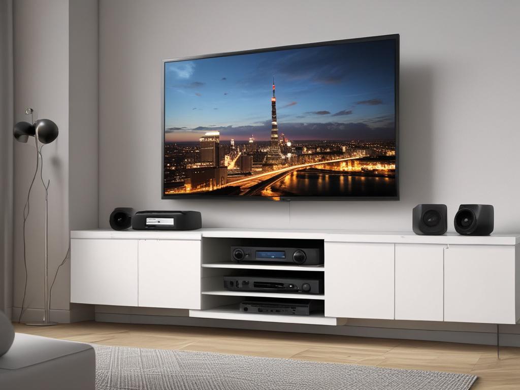 A close-up view of a neatly organized cable management system under a sleek entertainment center. The focus is on the cables being properly secured and hidden, showcasing the clean look achieved through professional installation. The background features a stylish living room, emphasizing the importance of aesthetics and organization. The image should be hyper-realistic, highlighting the meticulous arrangement of cables.
