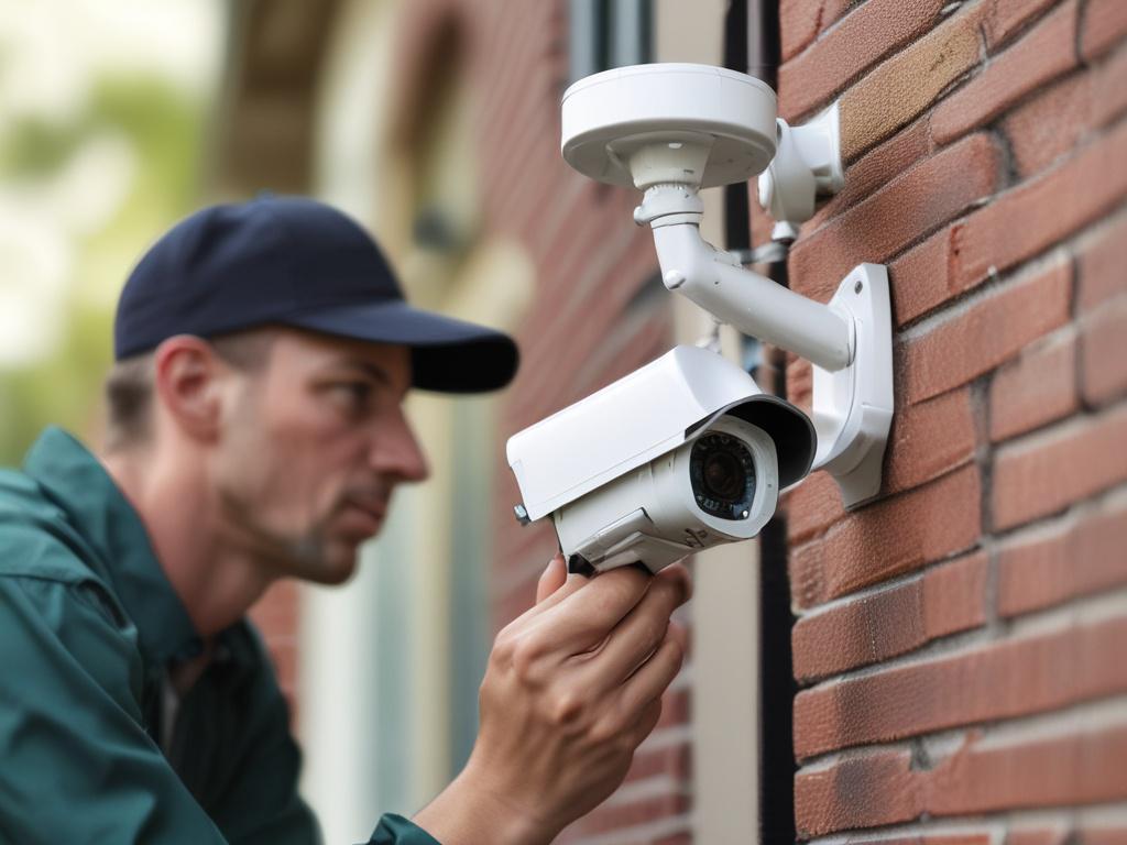 A detailed close-up of a security camera being installed on a residential property. The technician is carefully positioning the camera, emphasizing the quality of the equipment. The background includes a well-maintained home exterior, highlighting the importance of safety and surveillance. The image should be hyper-realistic, focusing on the technician's hands and the camera.