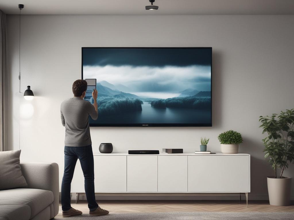 A close-up shot of a technician expertly mounting a flat-screen TV on a modern living room wall. The focus is on the TV being installed, with a clean and minimalist background showcasing stylish furniture. The image should capture the precision and care involved in the installation, with realistic colors and lighting, embodying a hyper-realistic style.
