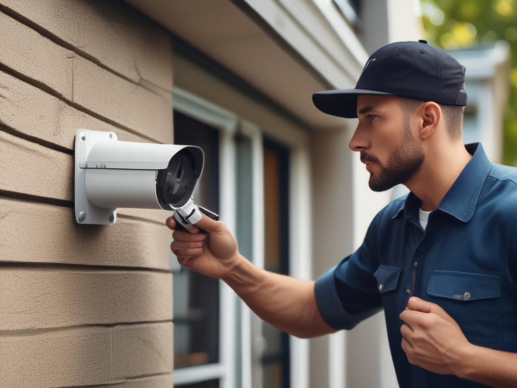 A technician installing a security camera on the exterior of