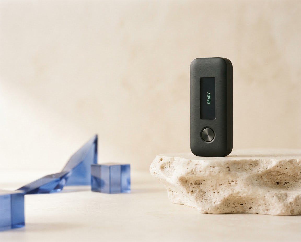 A hardware wallet displayed in a calm, minimal studio setting