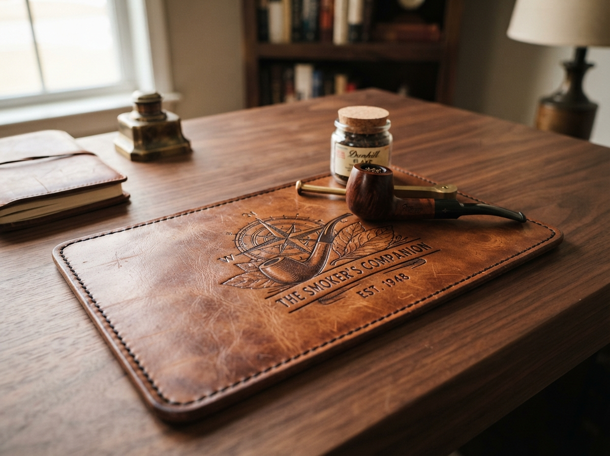 Leather pipe mat with custom engraved design resting on a walnut desk with a briar pipe