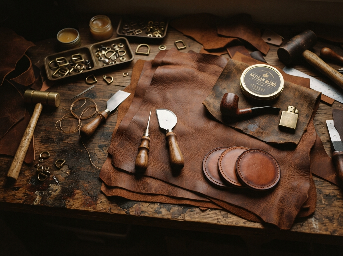 Leather artisan workbench with hides, tools, and round leather coasters